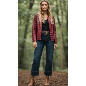 Lafayette 148 New York Burgundy 100% Leather Open Front Layered Jacket Size 6
